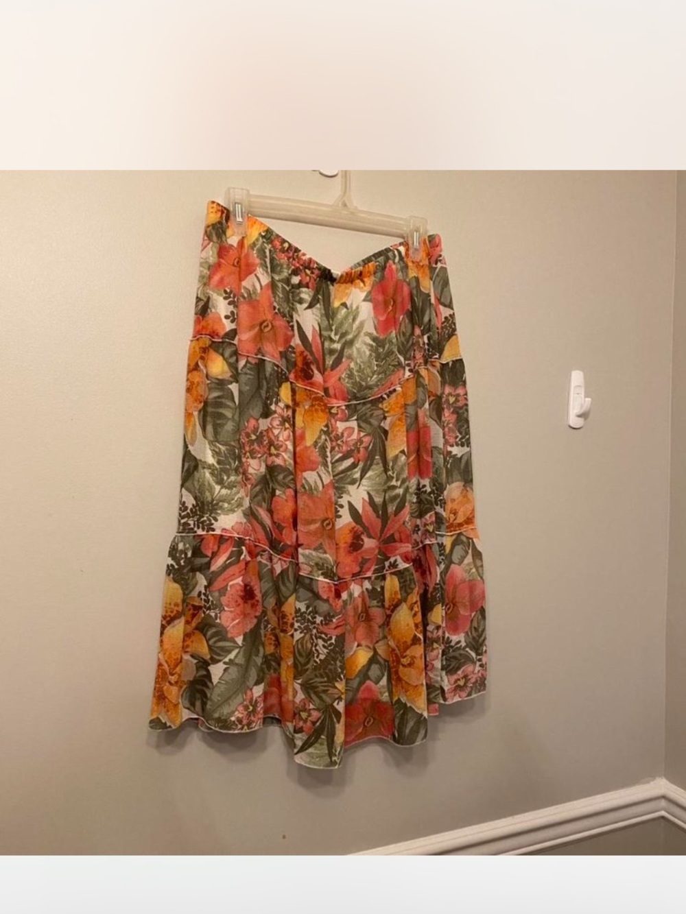 Alfred Dunner Floral Tiered Midi Skirt in Coral, Yellow and Green